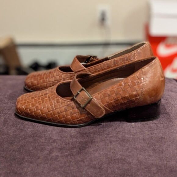 Drew Women's 6.5 WW Cognac Brown Leather Woven Mary Jane Shoes with Block Heel - Picture 2 of 8